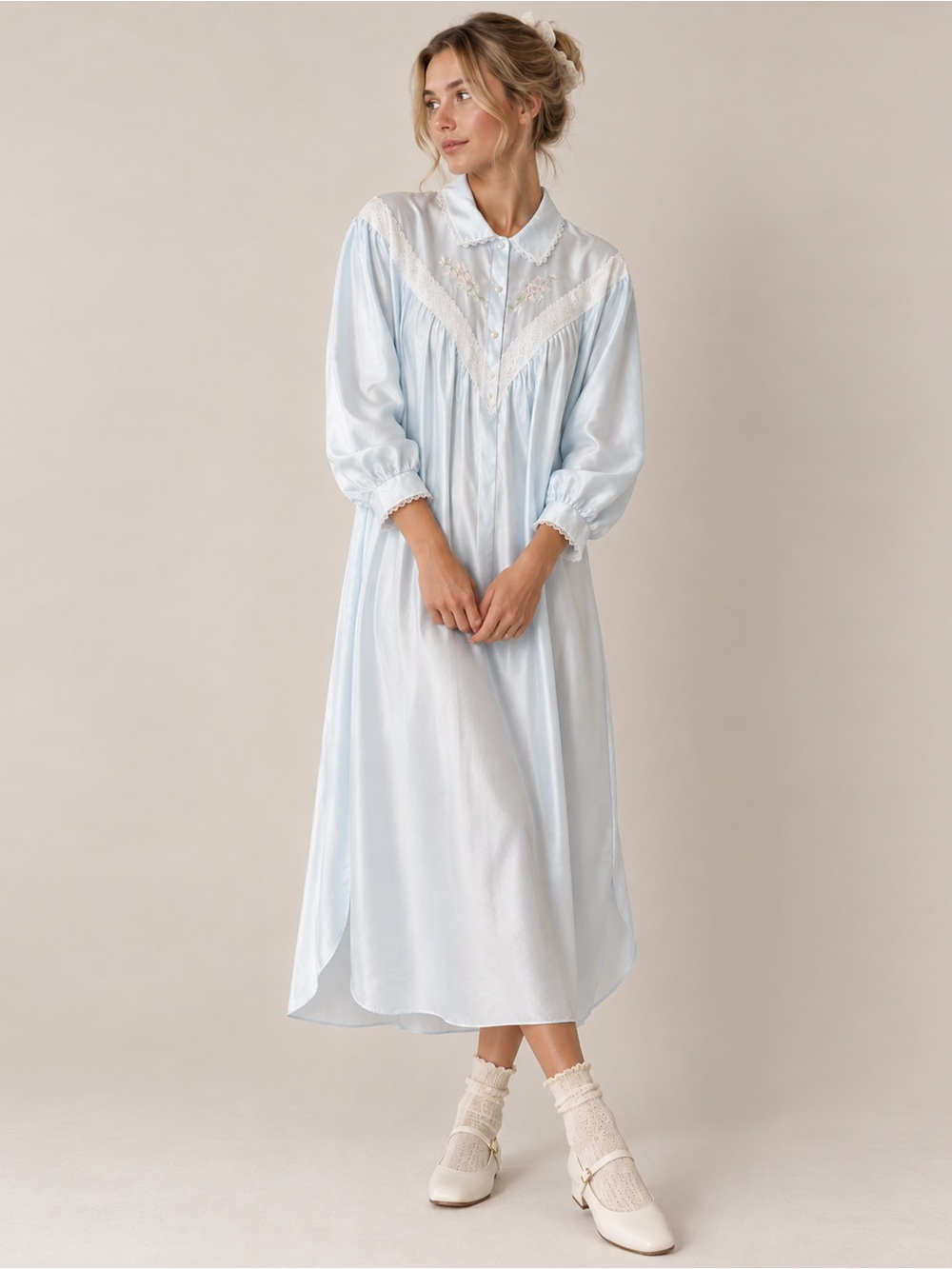 NWT - Vintage Barbizon Satin Embroidered Lace Nightgown - Blue